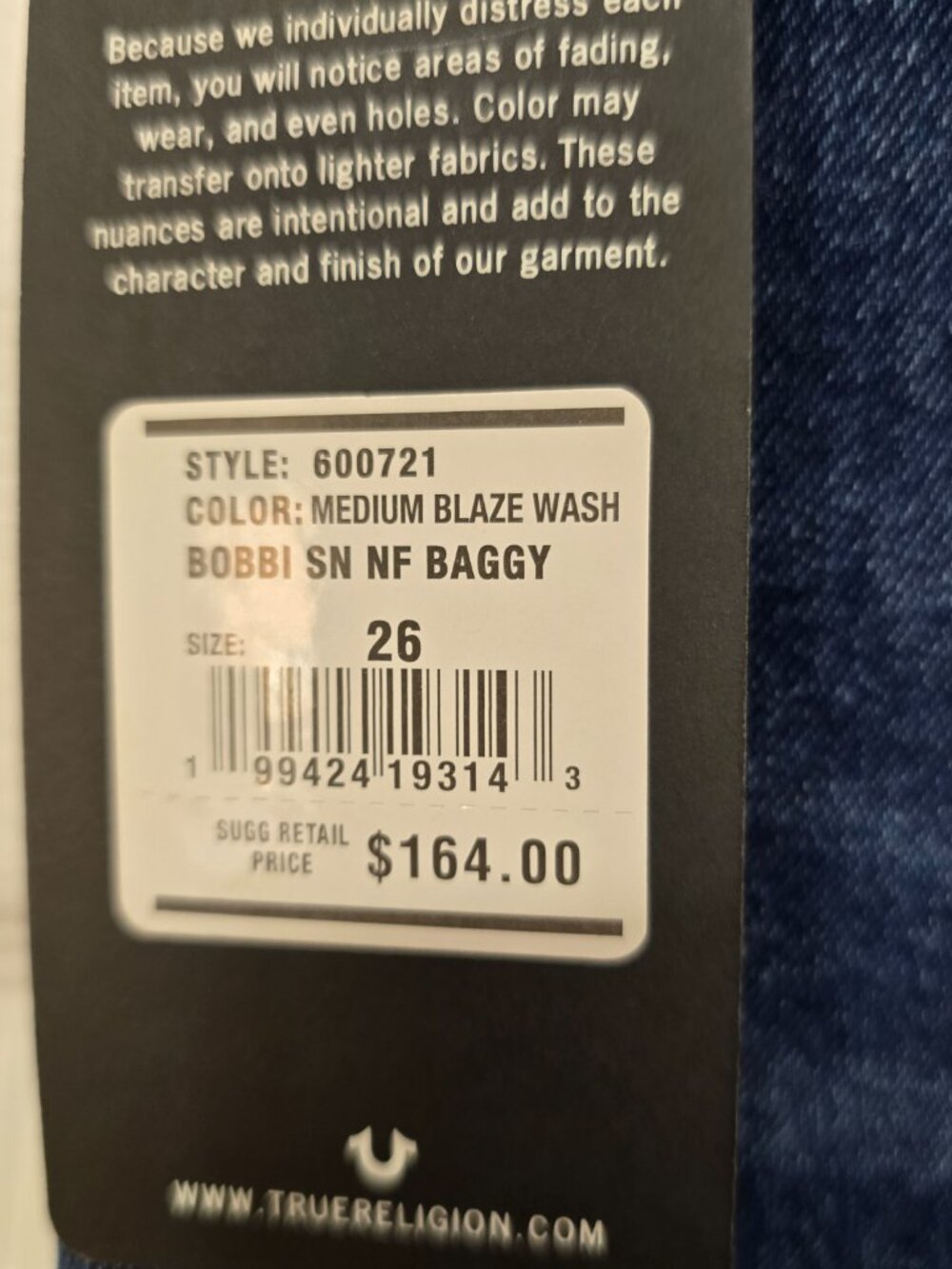True Religion Wmns Bobbi Mid Rise Baggy Jeans Med Blaze Wash MSRP $164 Sz 26 NWT - Picture 5 of 10